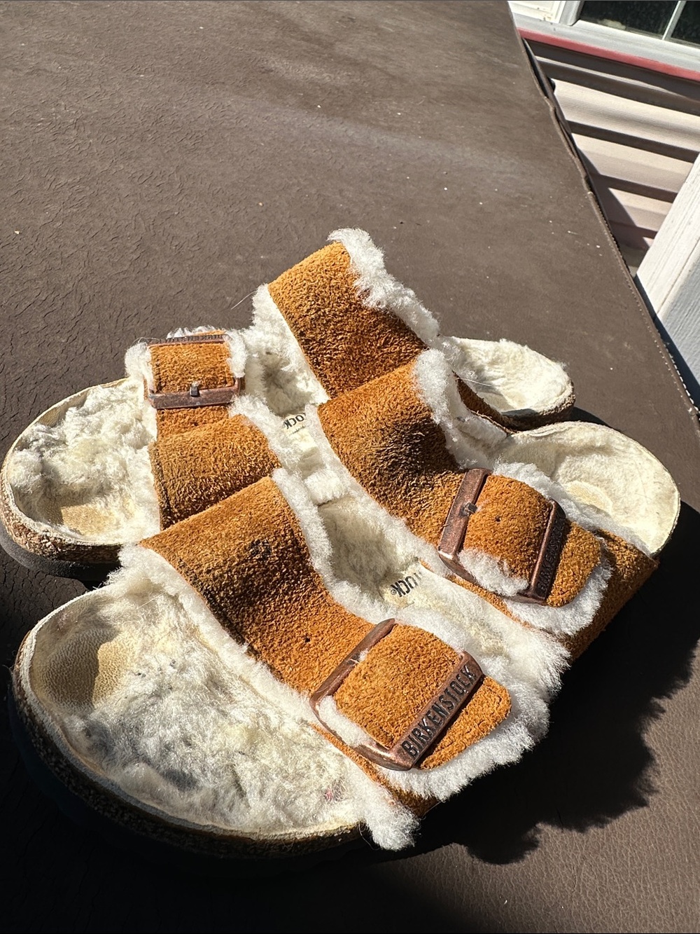 Birkenstock Arizona Suede Shearling Sandals in Tan and Cream
